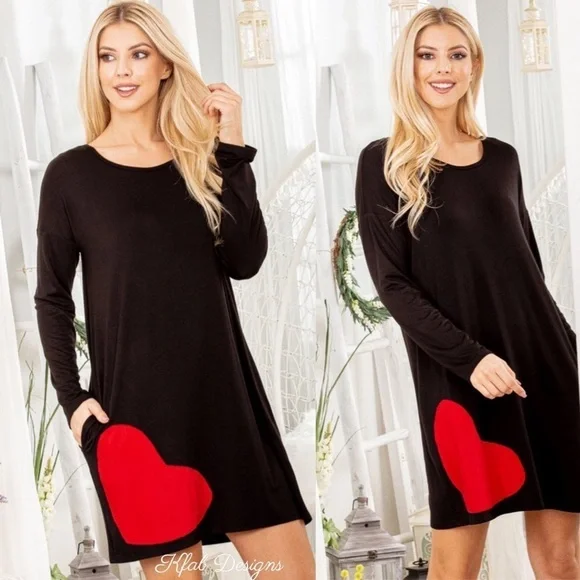 LAST 2! Very Soft Heart Patch Black Pocket Dress! - Picture 8 of 12
